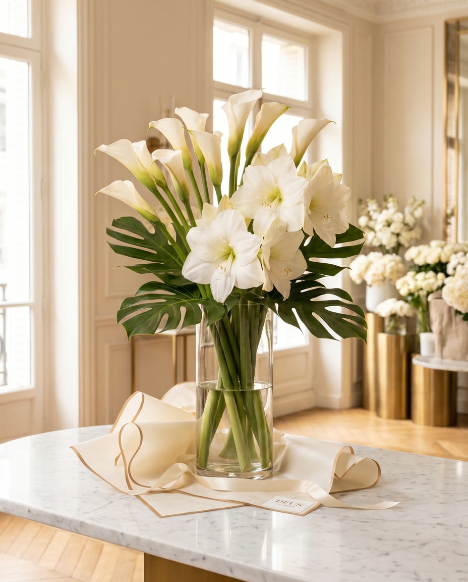 Corporate Elegance: Calla und Amaryllis in einer Glasvase