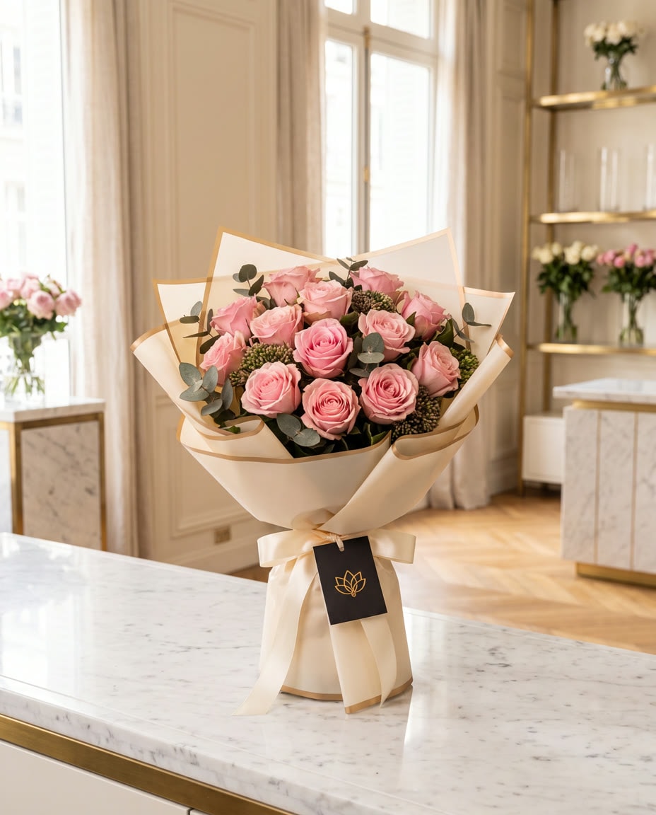 Premier rendez-vous: 15 roses rose tendre