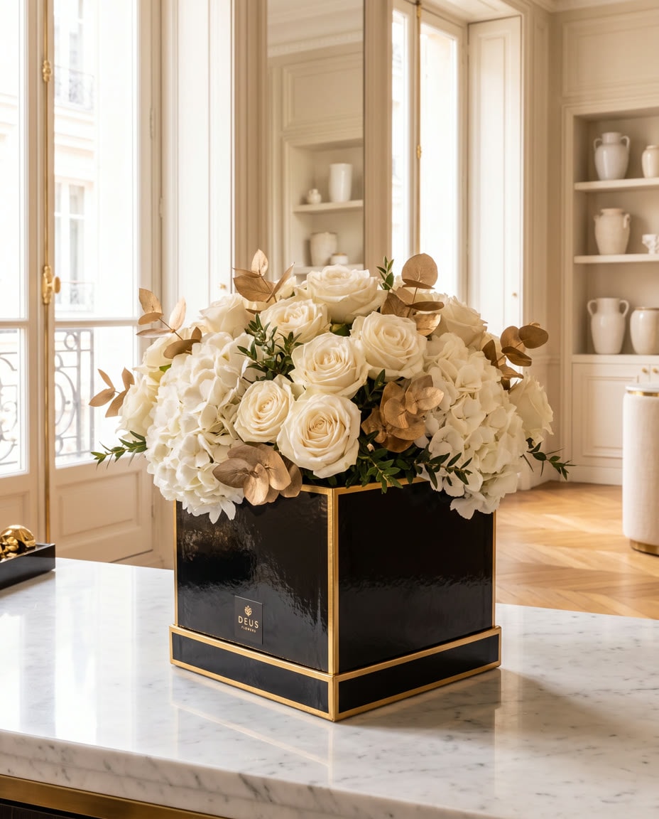 Gold Box: Weiße Rosen und Hortensie in einer Lackbox