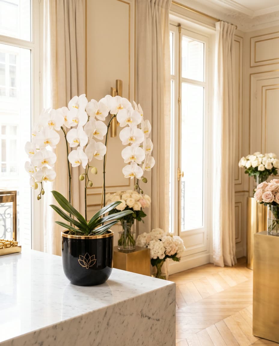 Orchid Royale: Белая орхидея в чёрном кашпо