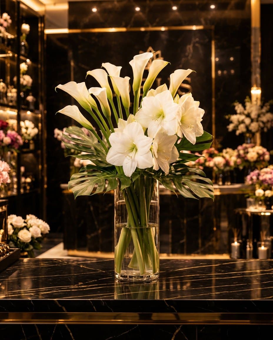 Corporate Elegance: Каллы и амариллис в стеклянной вазе