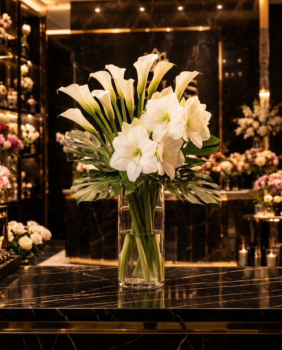 Corporate Elegance: Каллы и амариллис в стеклянной вазе