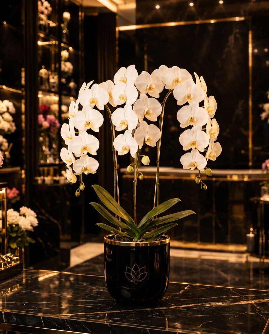 Orchid Royale: Белая орхидея в чёрном кашпо