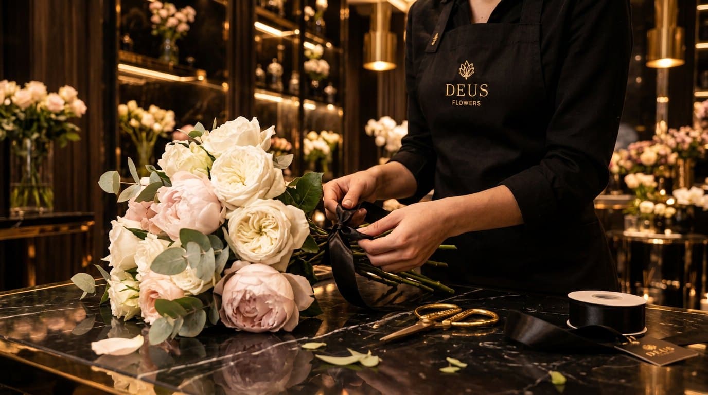 Ein Florist bindet einen Strauß
