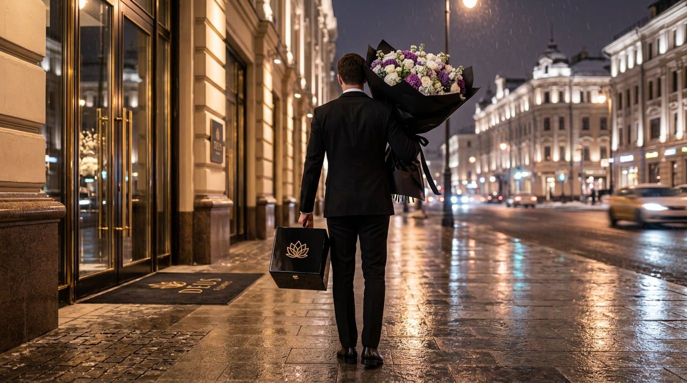 Курьер Deus Flowers на вечерней улице Москвы