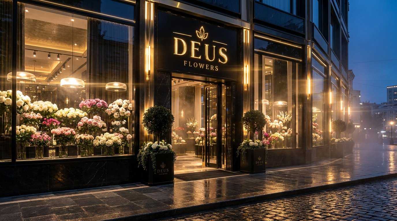 Бутик Deus Flowers в Столешниковом переулке вечером