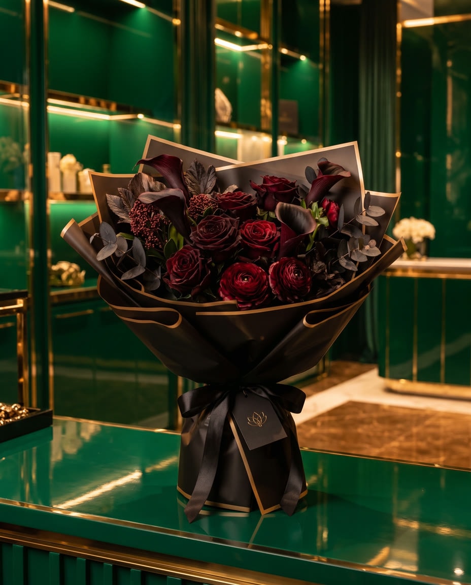 Moskauer Nächte: Bordeauxrote Rosen und schwarze Calla