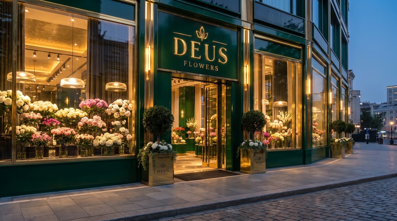 The Deus Flowers boutique on Stoleshnikov Lane in the evening